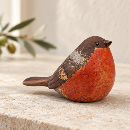 Traditional matte ceramic robin ornament with an orange-red breast on a pale limestone console
