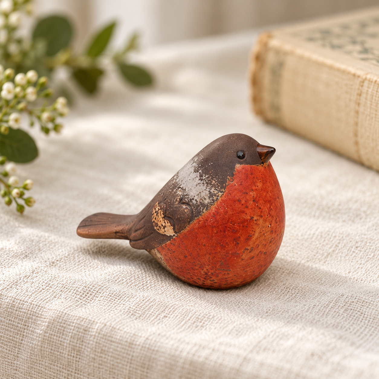 Traditional ceramic robin ornament with matte speckled finish on ivory linen