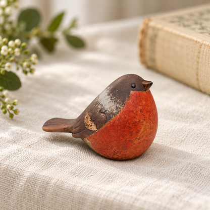 Traditional ceramic robin ornament with matte speckled finish on ivory linen