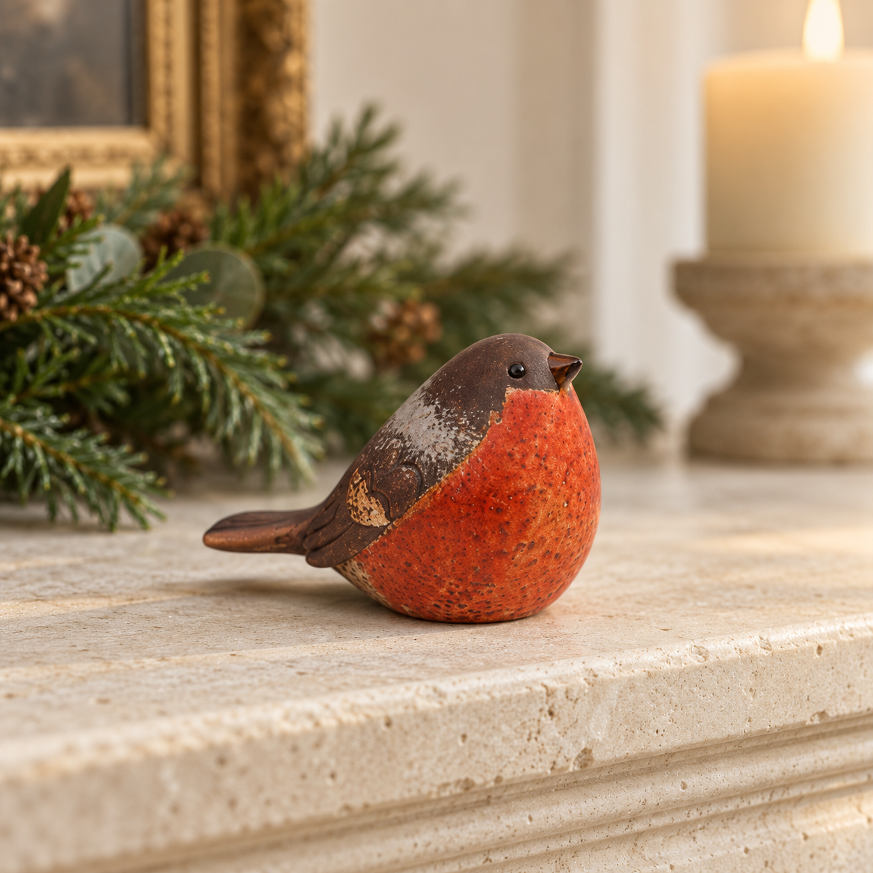 Matte ceramic robin styled on a winter mantelpiece