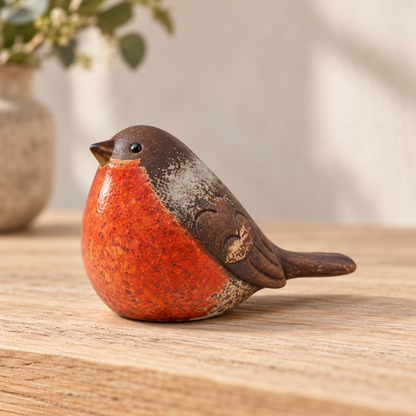 Side profile of a traditional matte ceramic robin showing its brown wing and tail