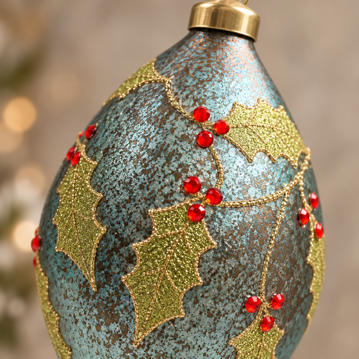 Close-up of the mottled metallic blue glass finish, glittered holly leaves and red berry embellishments