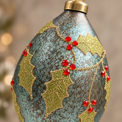 Close-up of the mottled metallic blue glass finish, glittered holly leaves and red berry embellishments