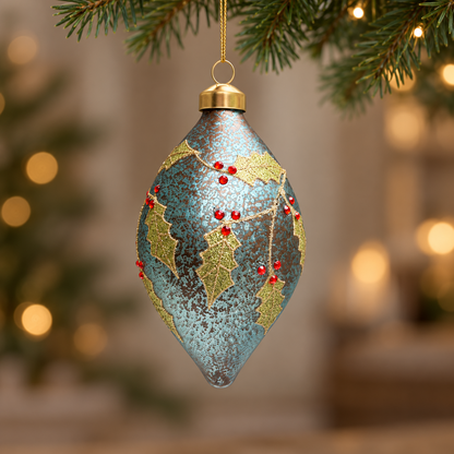 Front view of the handmade blue glass finial bauble with glittered holly and red berries