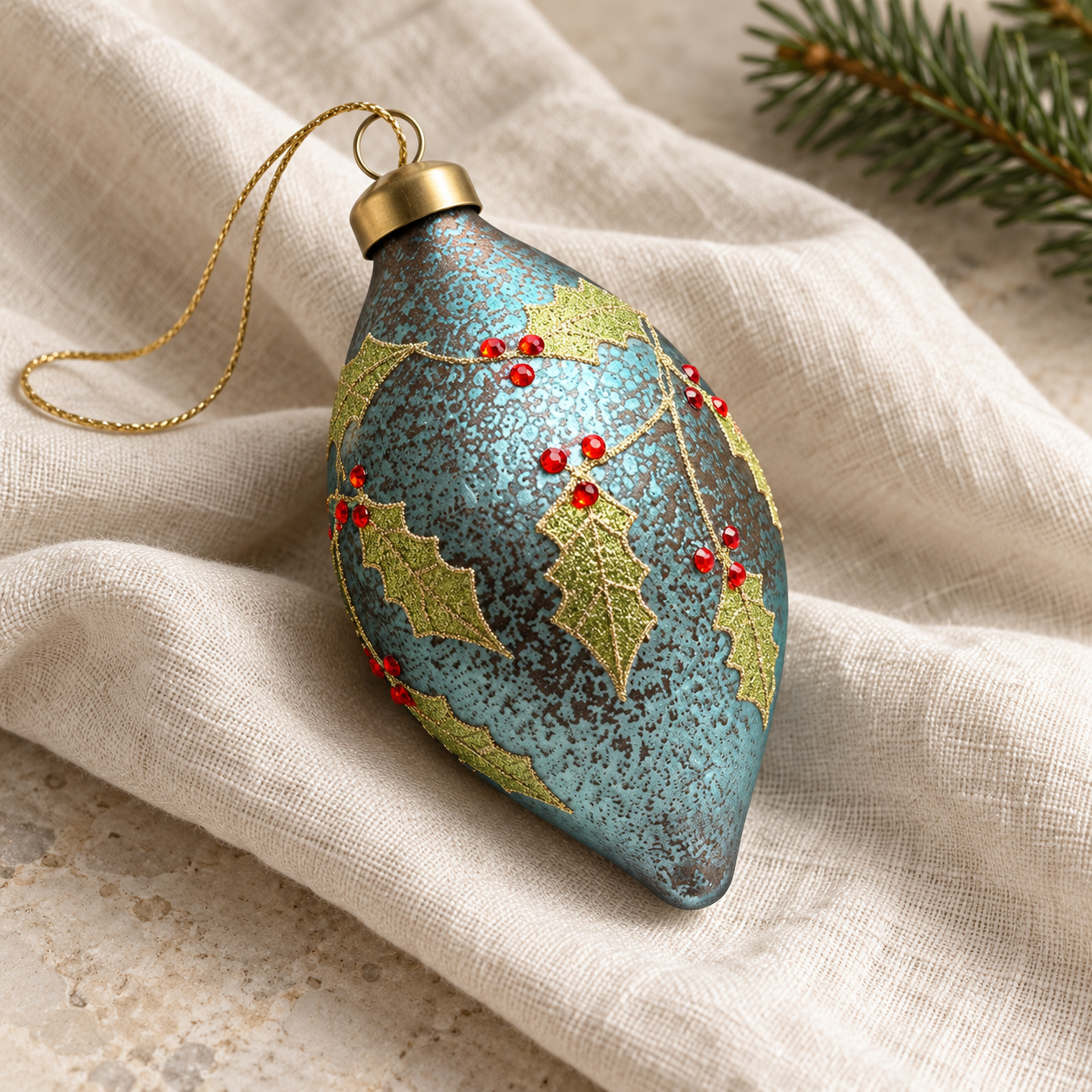 Blue glass finial Christmas bauble resting on ivory linen, showing glitter holly leaves and red berry detail