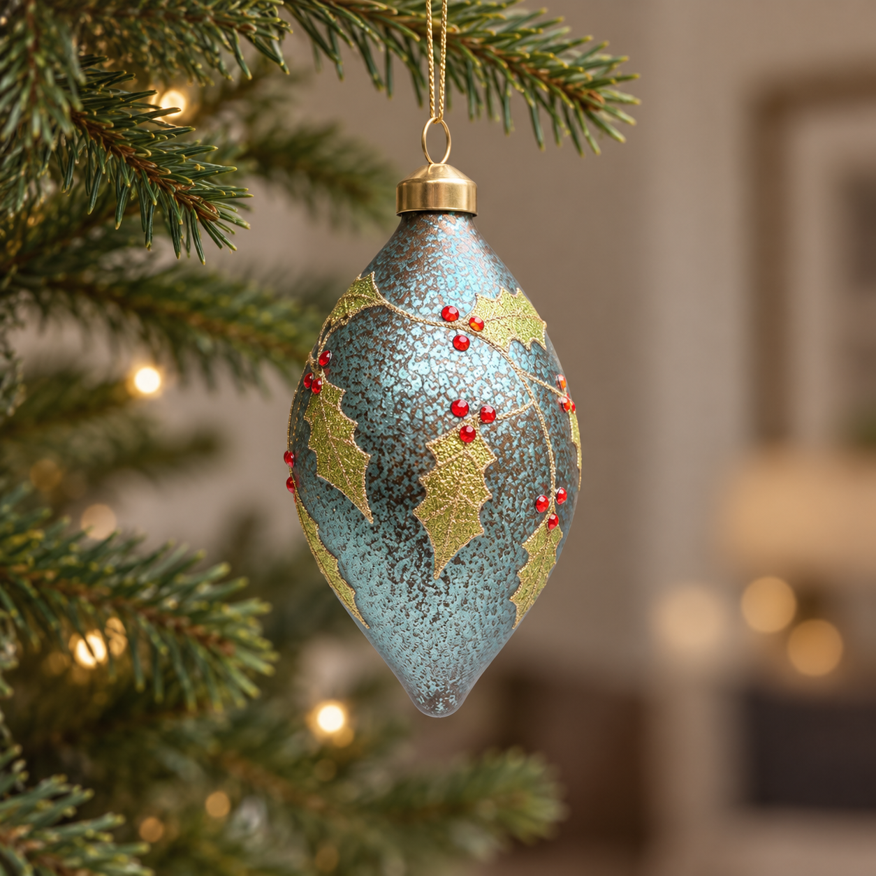 Angled view of the 15cm mottled blue glass finial bauble hanging among Christmas tree branches