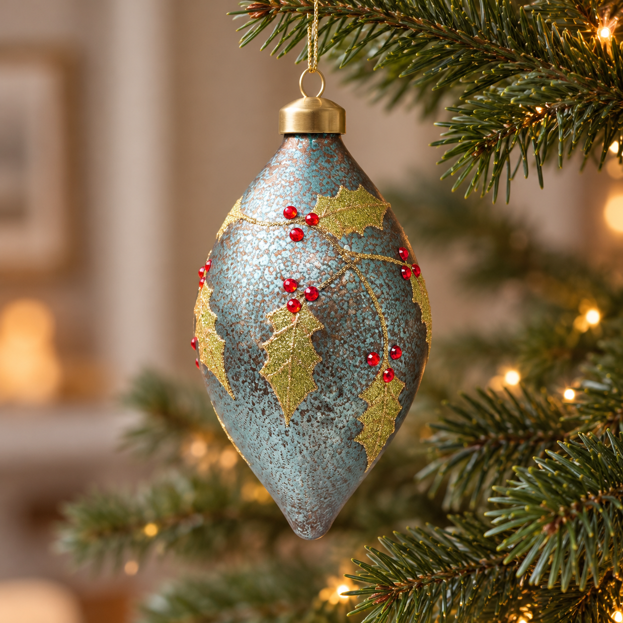 Mottled metallic blue glass finial bauble with glittered holly and red berries hanging on a Christmas tree