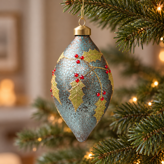 Mottled metallic blue glass finial bauble with glittered holly and red berries hanging on a Christmas tree