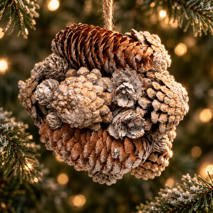 Frosted pinecone cluster Christmas decoration framed by snowy evergreen branches