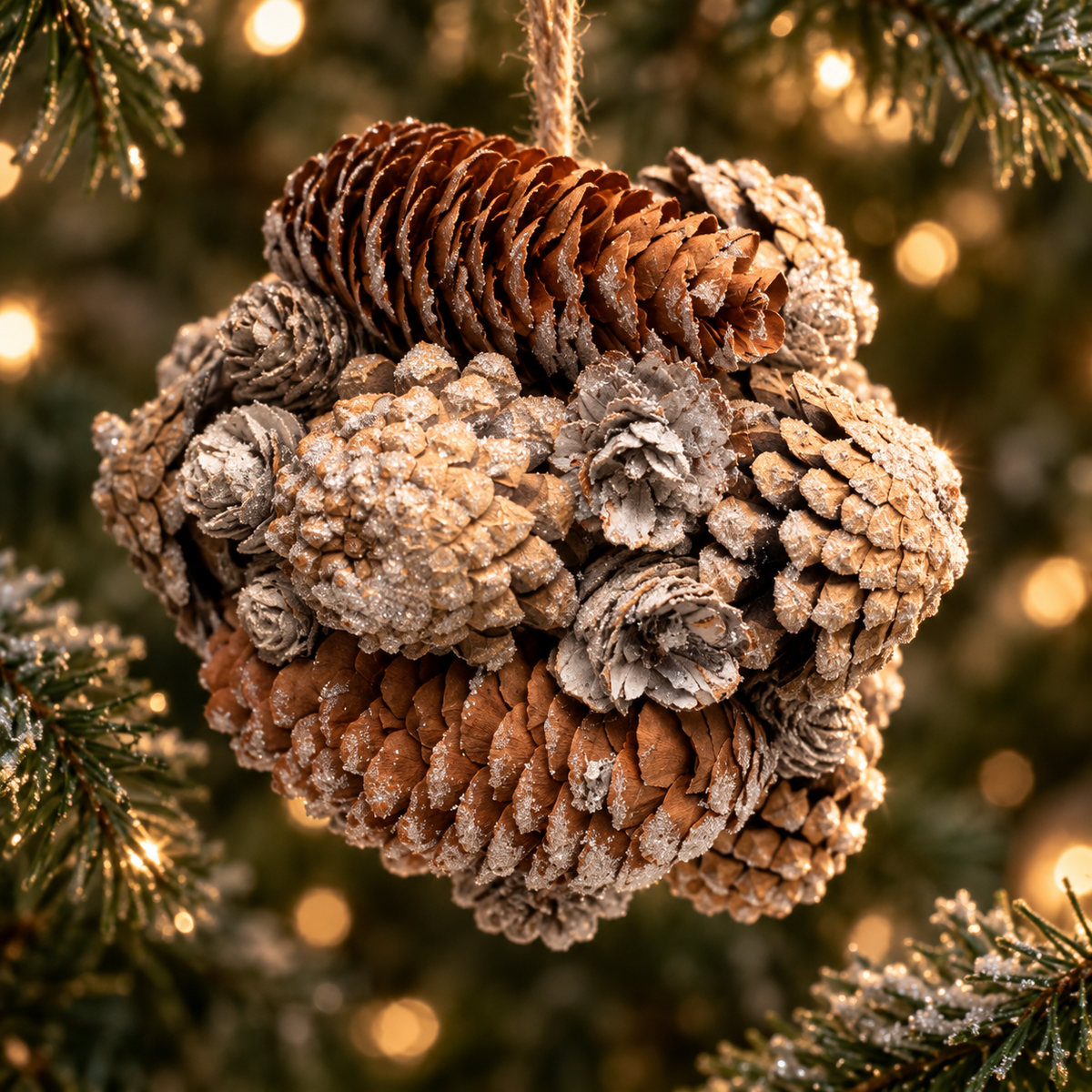 Frosted pinecone cluster Christmas decoration framed by snowy evergreen branches