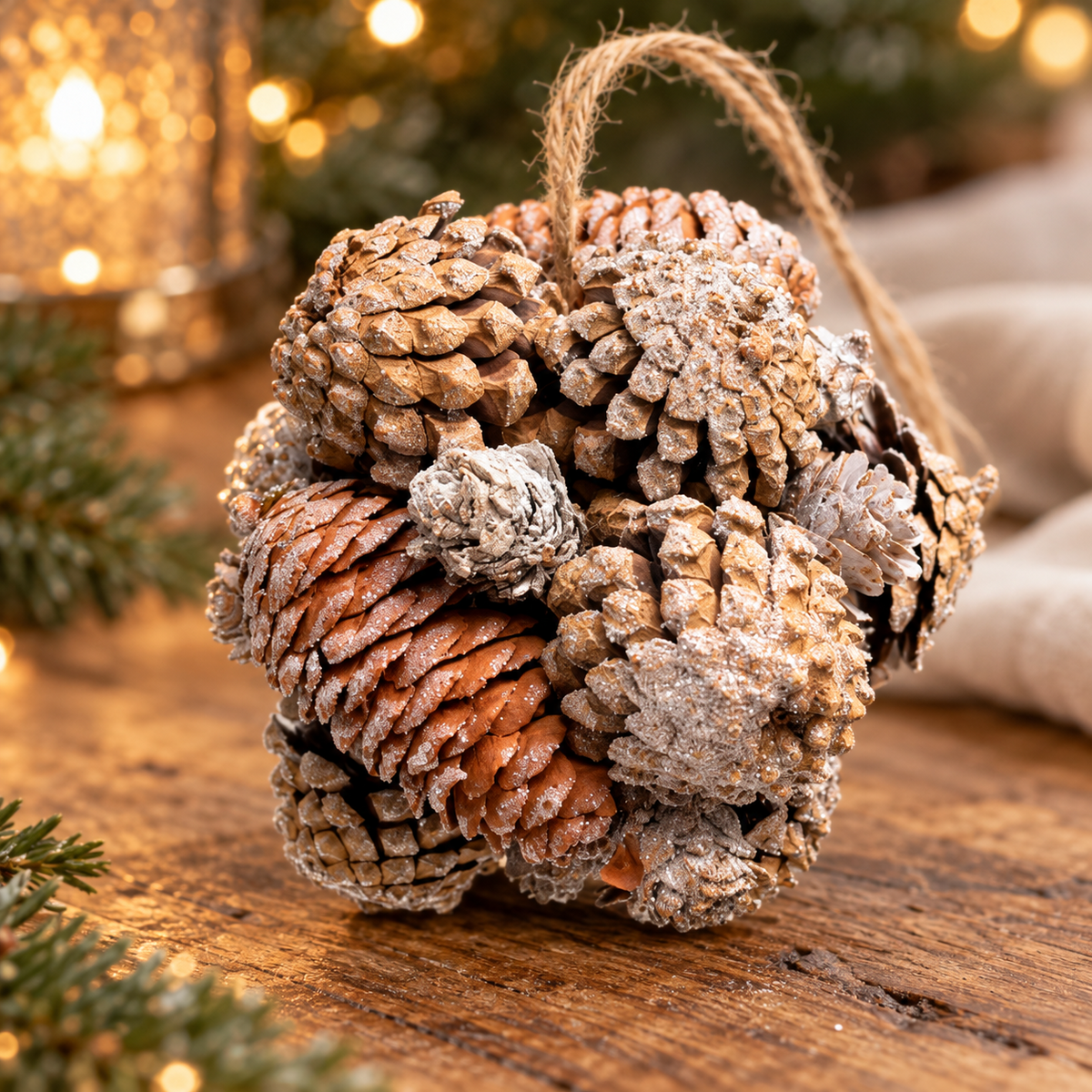 Frosted pinecone cluster bauble styled on a rustic wooden table beside greenery and ivory linen