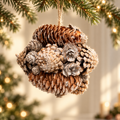 Large 12cm frosted pinecone cluster bauble hanging from a Christmas tree, shown from the front