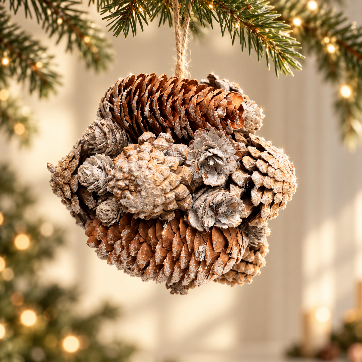 Large 12cm frosted pinecone cluster bauble hanging from a Christmas tree, shown from the front