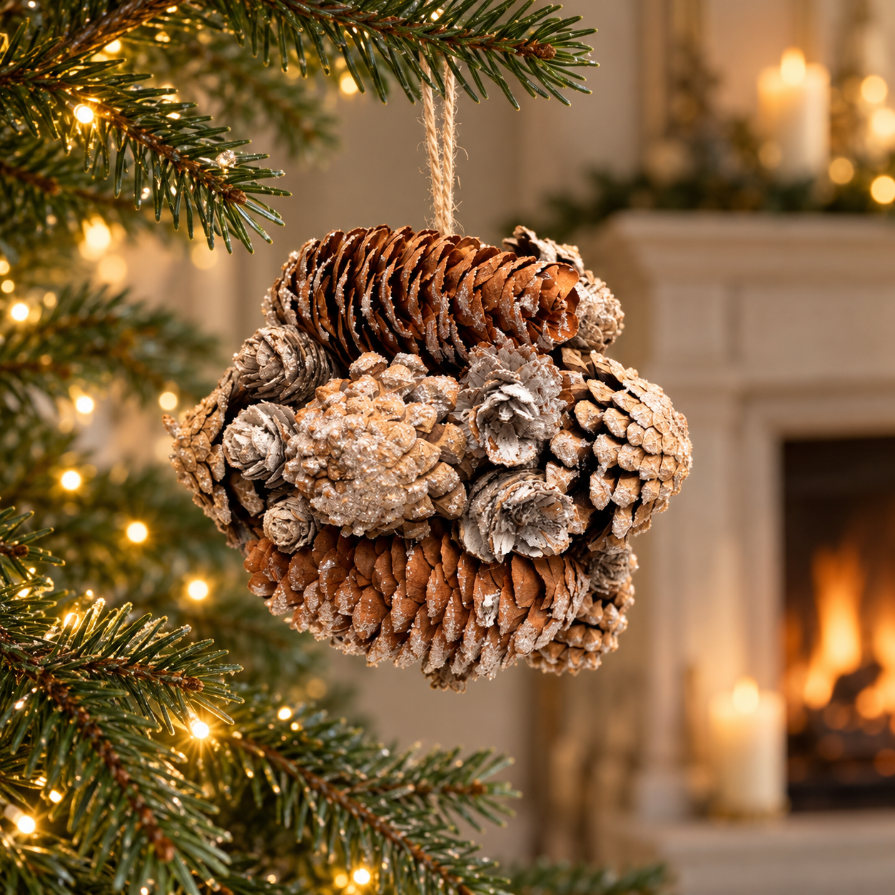Large pinecone Christmas bauble hanging on a tree in a festive room with a fireplace in the background
