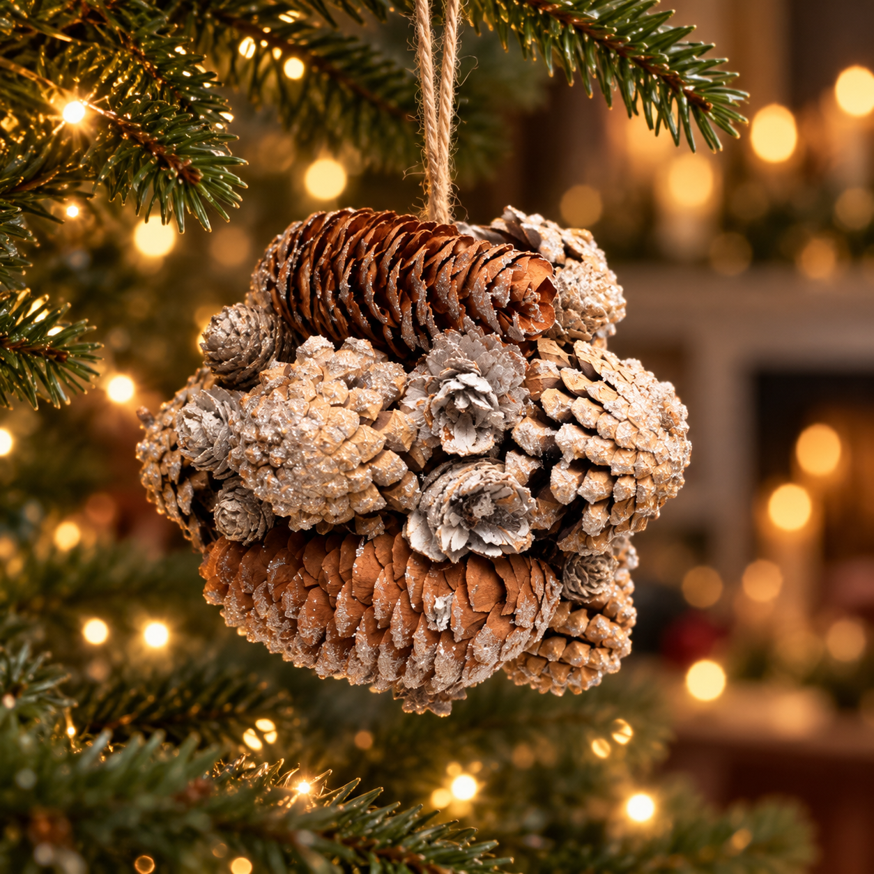 Large frosted pinecone bauble hanging from a twine loop in a warmly lit Christmas tree setting