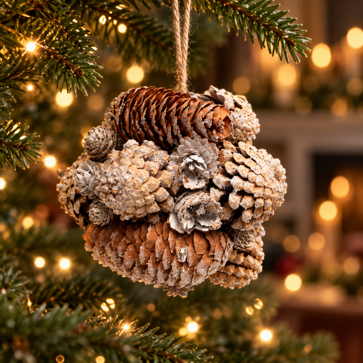 Large frosted pinecone bauble hanging from a twine loop in a warmly lit Christmas tree setting