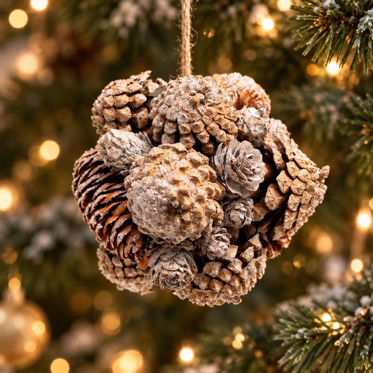 Side view of the mixed pinecone bauble among evergreen branches and warm Christmas lights