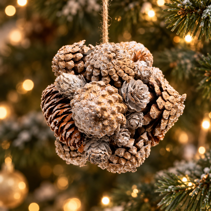 Side view of the mixed pinecone bauble among evergreen branches and warm Christmas lights