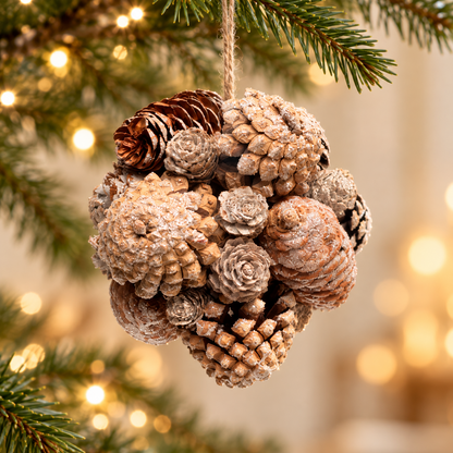 Alternate angle of the mixed pinecone Christmas bauble with glittered, frosted details