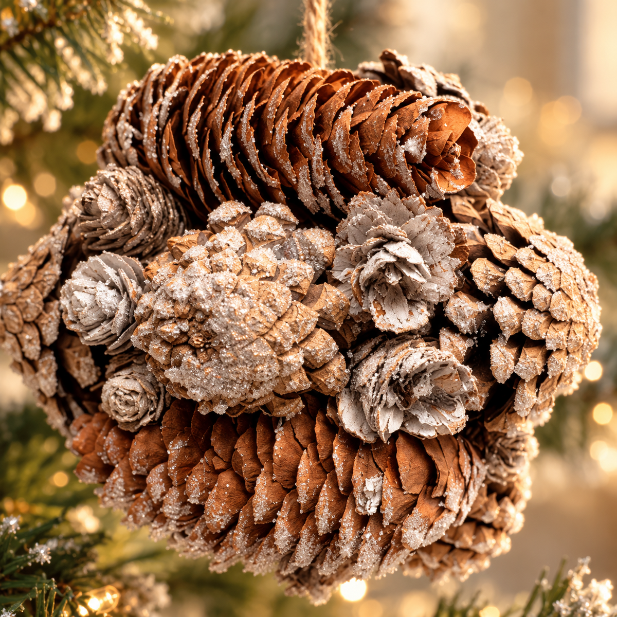 Close-up of layered pinecones and sparkling frosted details on the large Christmas bauble