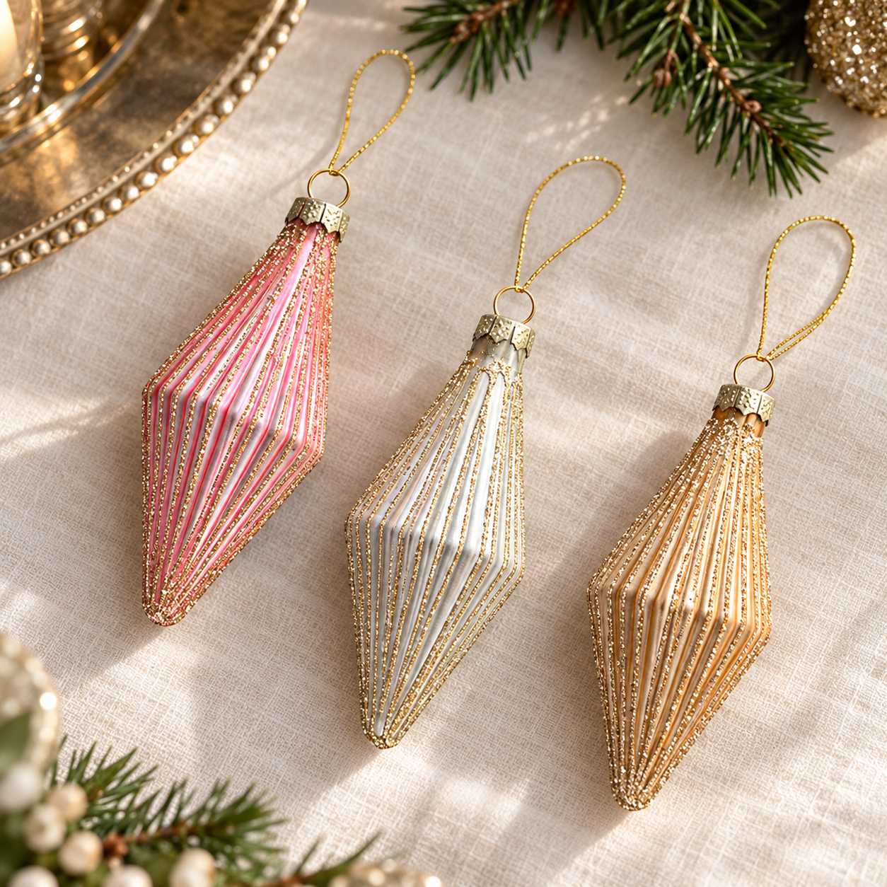 Three mini finial bauble colours displayed on ivory linen; each colour sold individually