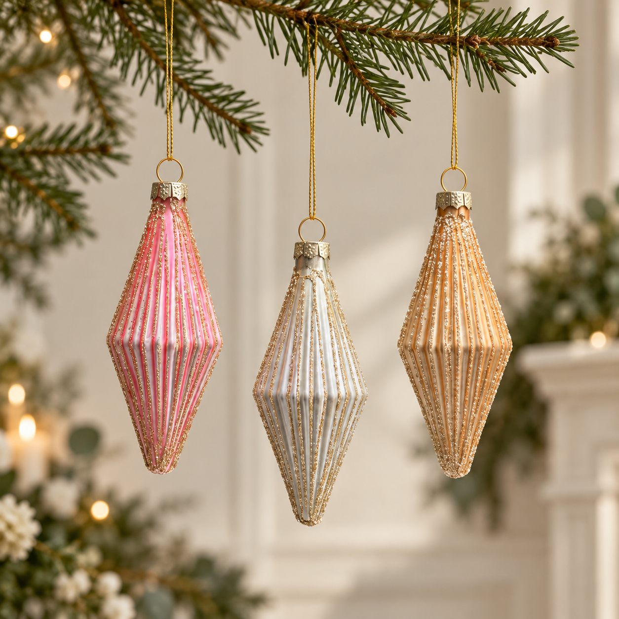 Mini glittered ribbed finial baubles in rose pink, silver and champagne gold hanging on a Christmas tree