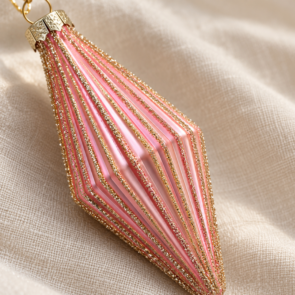 Close-up of the rose pink mini finial bauble with glittered ribbed detail on ivory linen