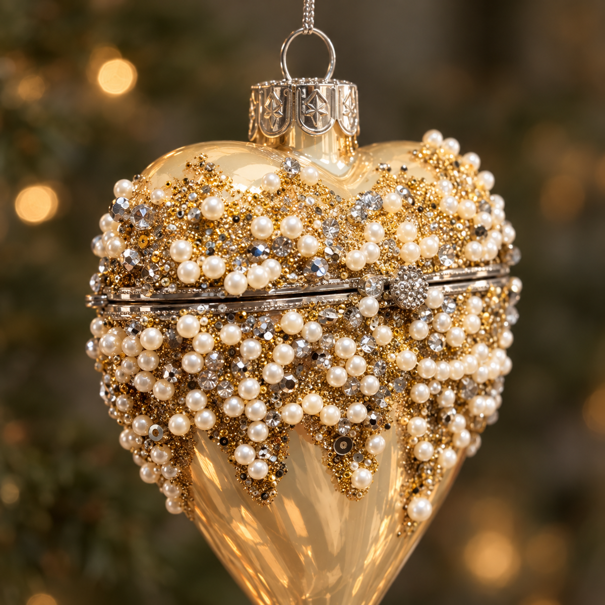 Gold Pearl Hinged Heart Glass Christmas Bauble – 9cm