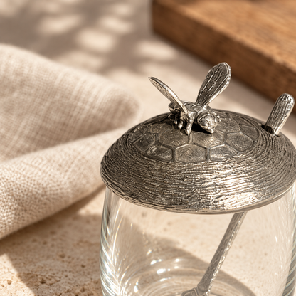Handmade Pewter & Glass Honey Pot with Bee Lid & Spoon, 10cm