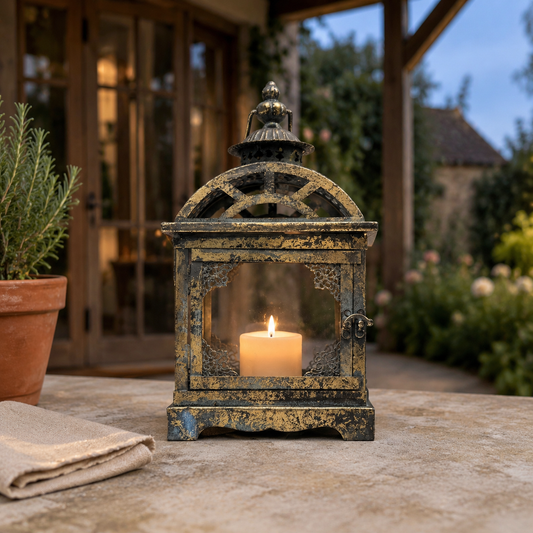 Rothbury antique gold glass and metal lantern 30cm – Woollaston White
