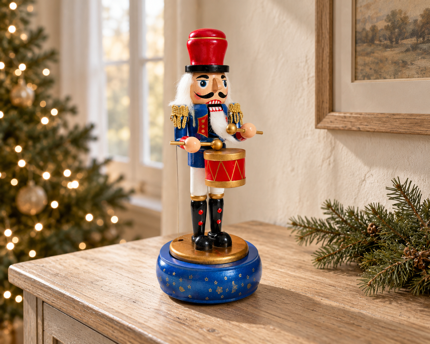 Musical Wooden Nutcracker Drummer, Hand-Painted Christmas Decoration, Blue Green or Red, 30cm