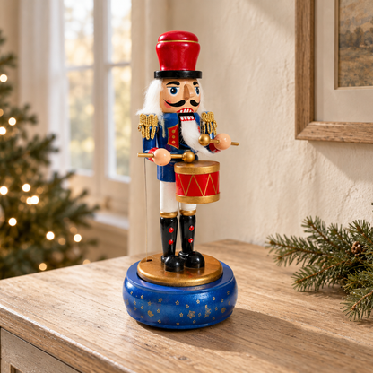 Musical Wooden Nutcracker Drummer, Hand-Painted Christmas Decoration, Blue Green or Red, 30cm