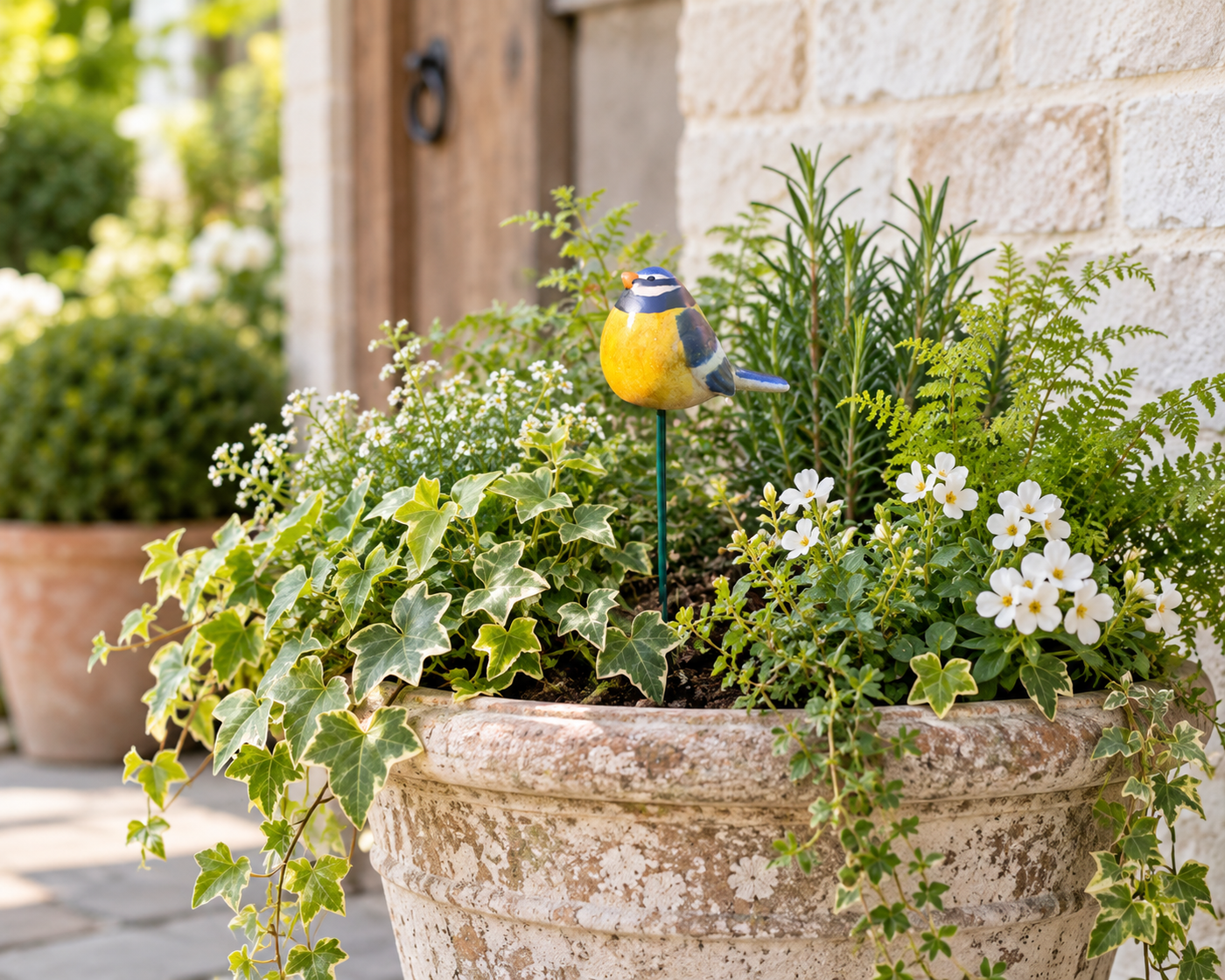 Ceramic Blue Tit Garden Stake, 25cm