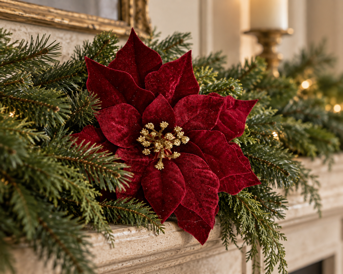 Handmade Red Velvet Poinsettia – Stem or Clip, 24cm