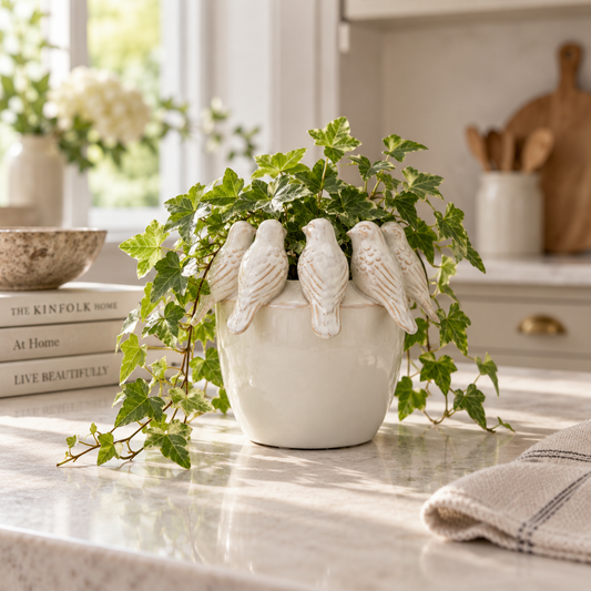 Handmade Ceramic Bird Pot with in Natural Beige 16cm