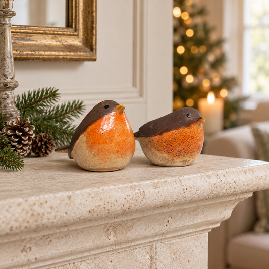 Medium Orange-Breasted Ceramic Robin Ornament – Two Poses