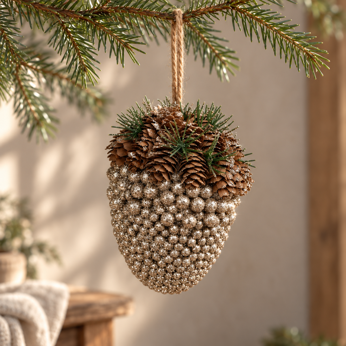 Pinecone acorn Christmas decoration with metallic bauble details and a twine hanging loop, sold individually