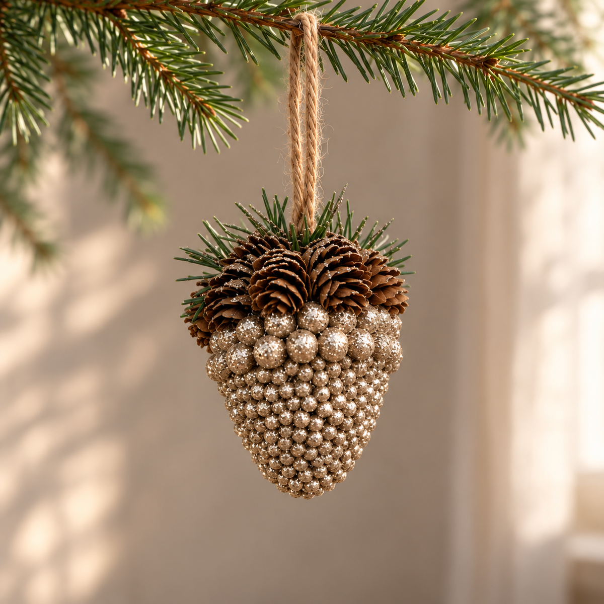 Pinecone acorn Christmas decoration with metallic bauble details and a twine hanging loop, sold individually