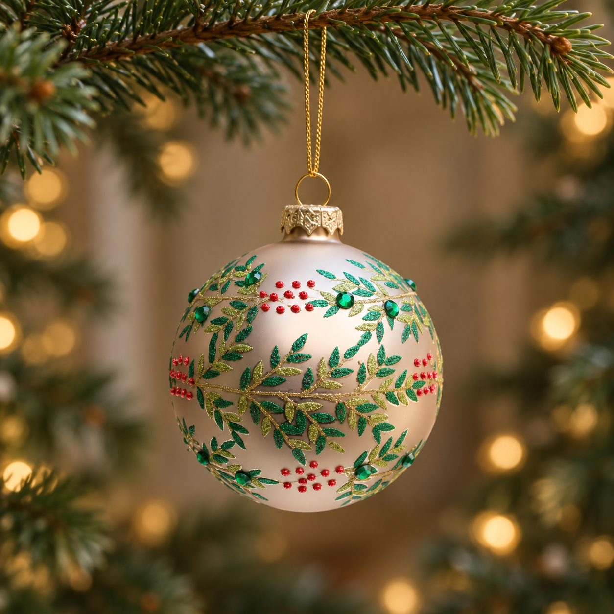 Glass Christmas bauble with glittered holly leaves and red berry details