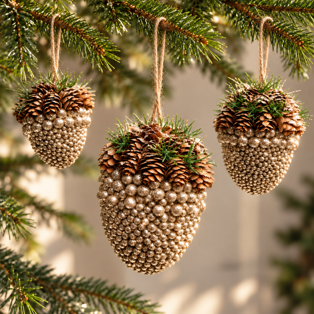 Pinecone acorn Christmas decoration with metallic bauble details and a twine hanging loop, sold individually