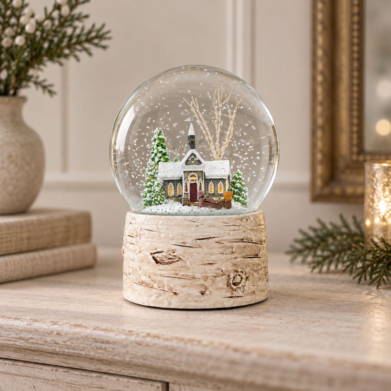 Winter House Christmas snow globe 13cm – Woollaston White