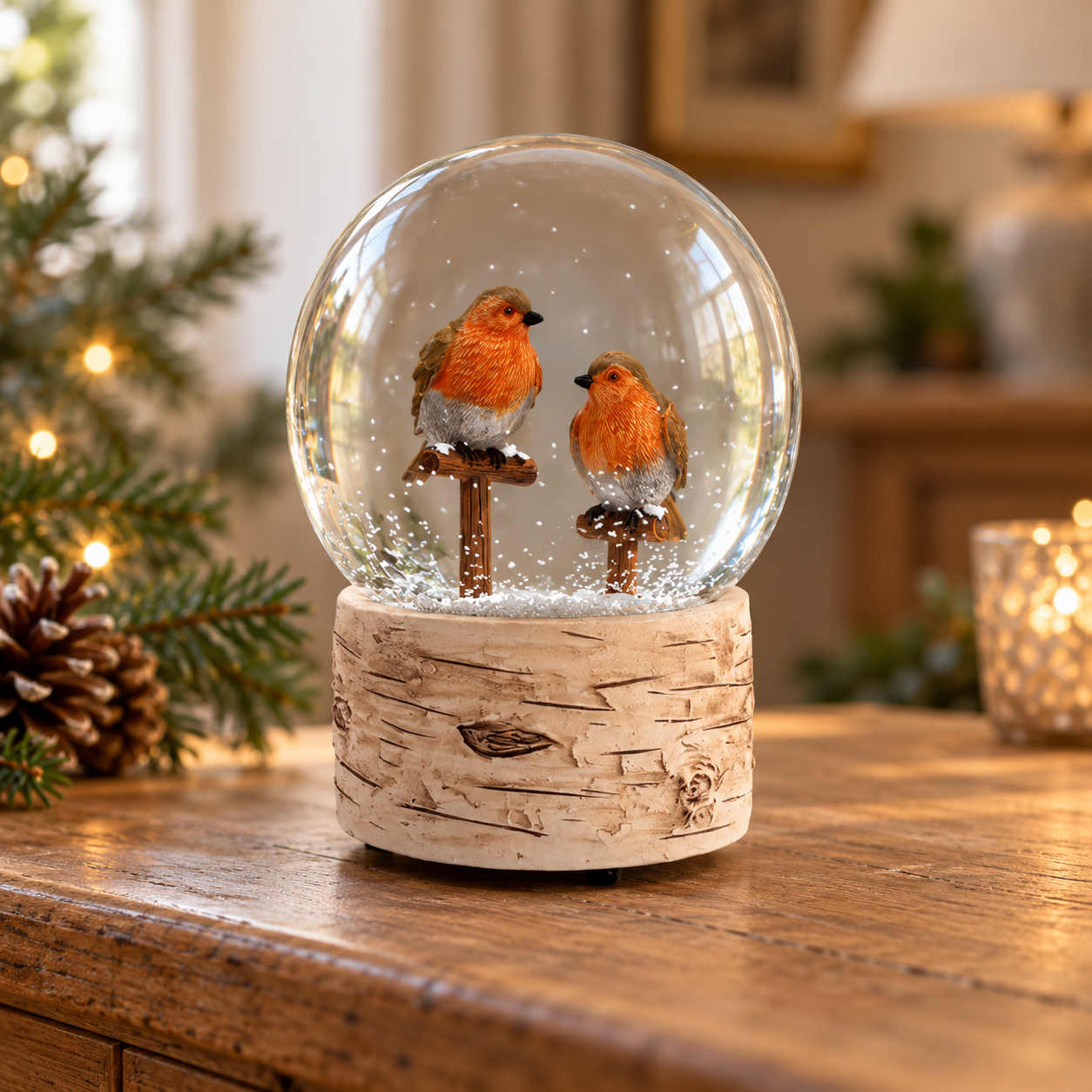 Musical Robin Snow Globe with Bark-Effect Base – 13cm