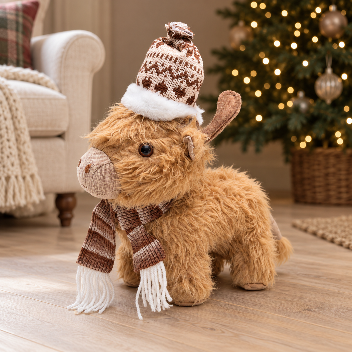 Fluffy Highland Cow with Winter Hat and Scarf – 35cm