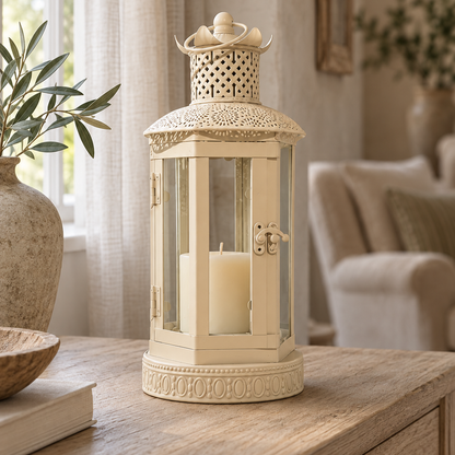 The Belvoir – Handmade Cream Metal and Glass Lantern, 37cm