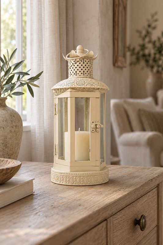 The Belvoir – Handmade Cream Metal and Glass Lantern, 37cm