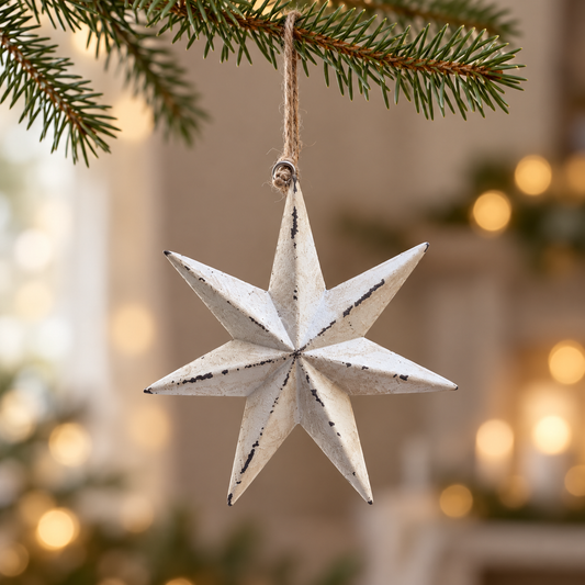 Rustic White Wooden Star Christmas Bauble – 11cm