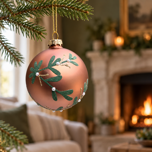 Matte glass Christmas bauble with mistletoe leaves and pearl-style details
