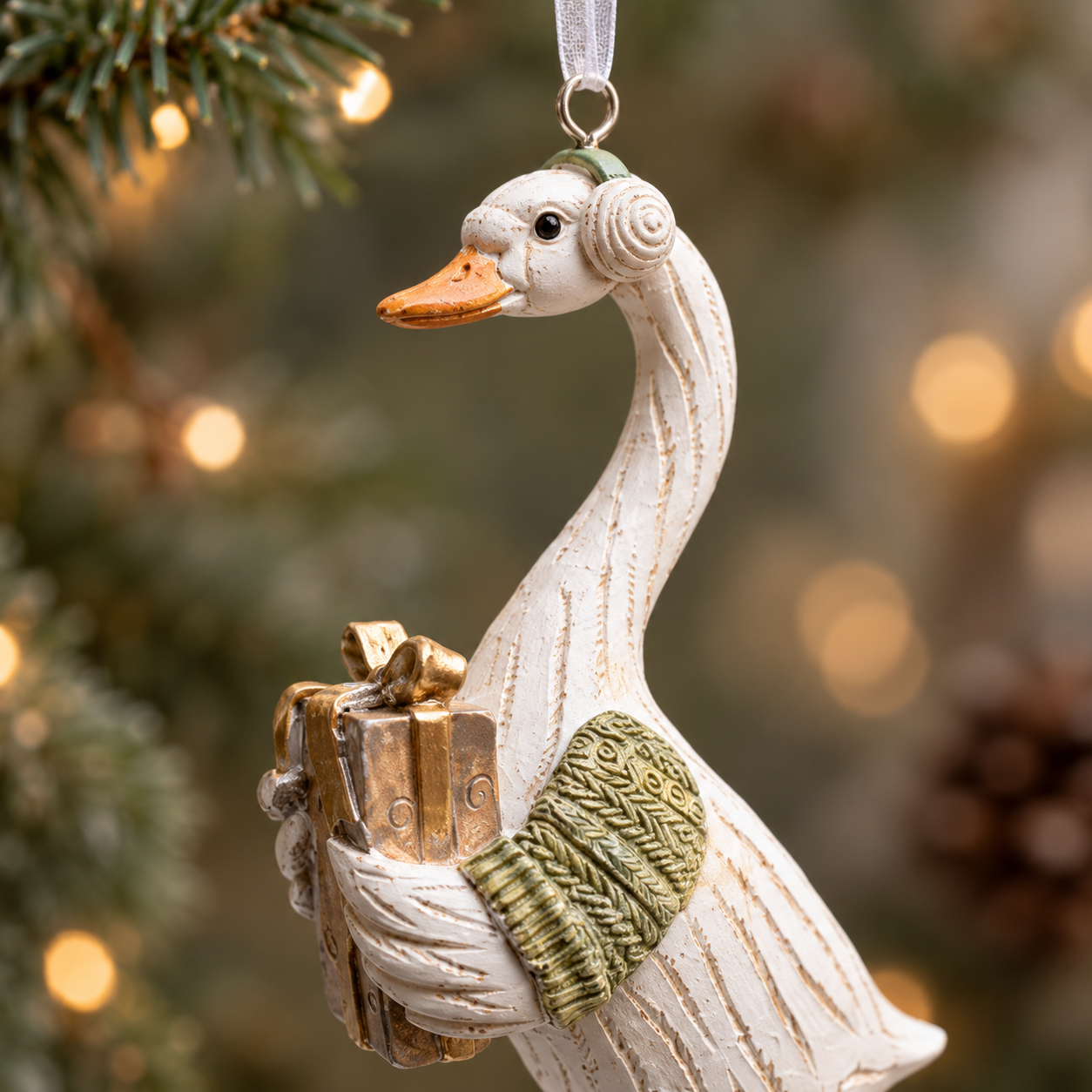 Resin duck Christmas bauble with textured feathers and winter clothing