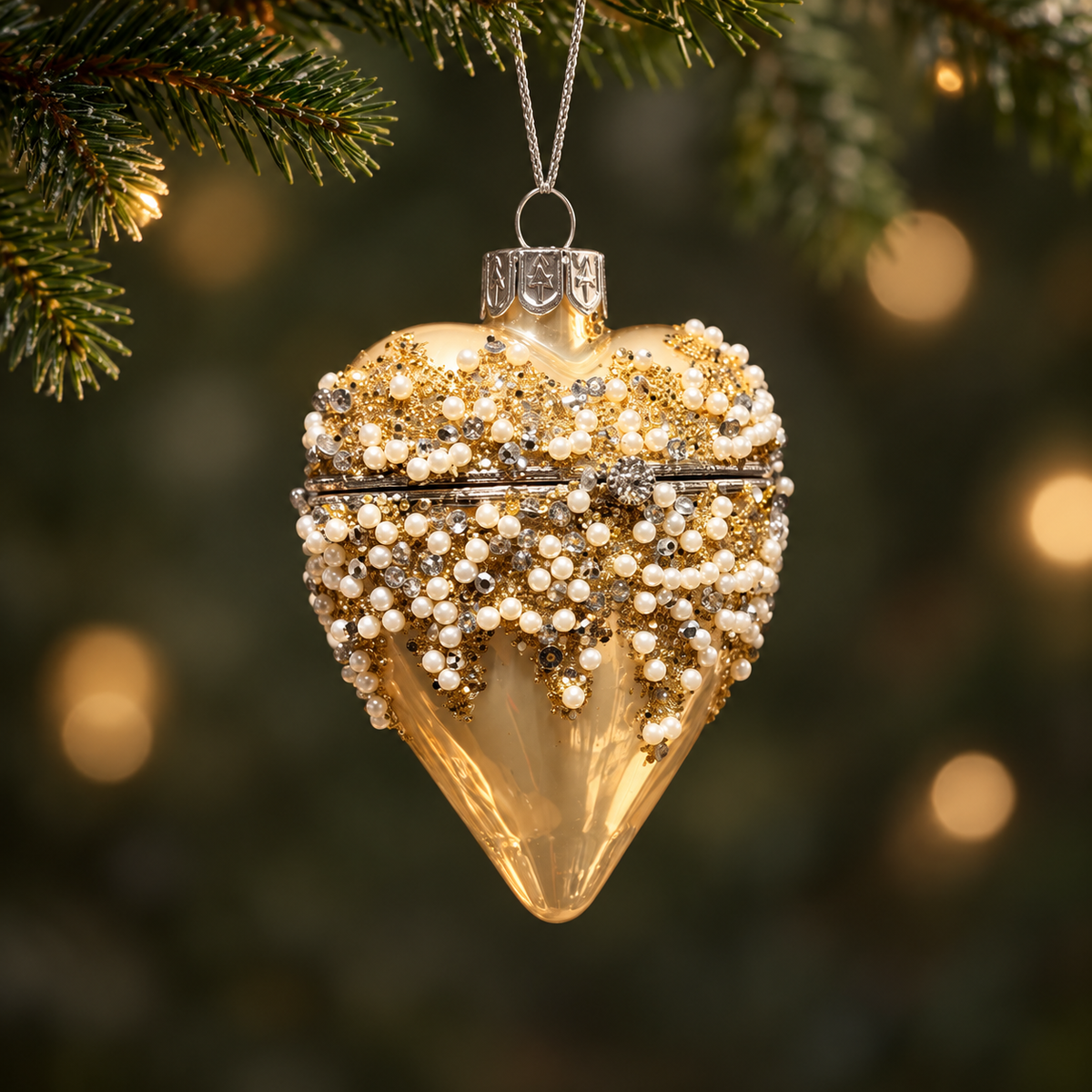 Gold Pearl Hinged Heart Glass Christmas Bauble – 9cm