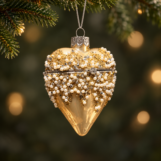 Gold Pearl Hinged Heart Glass Christmas Bauble – 9cm